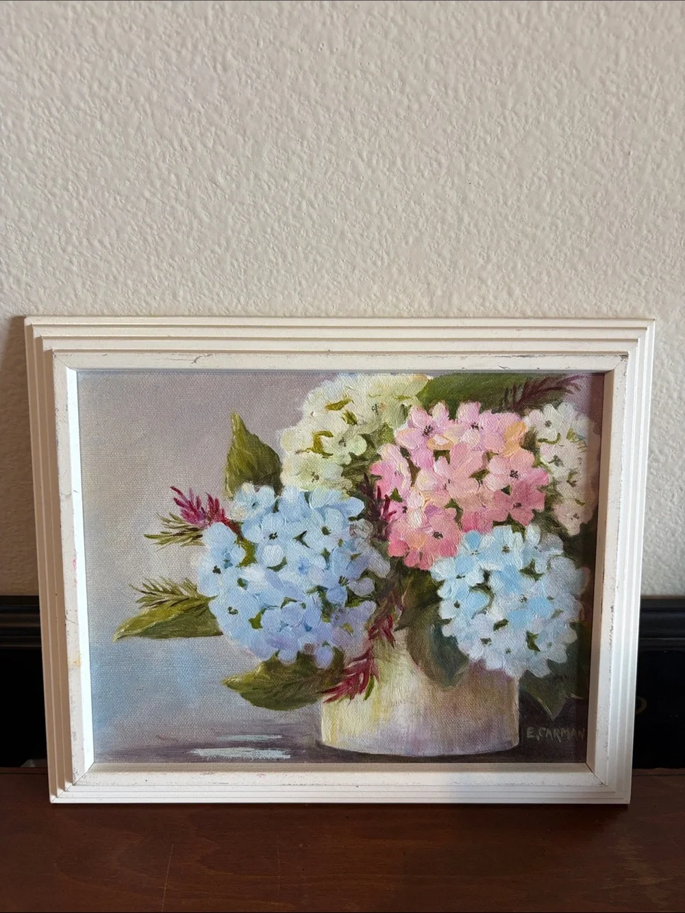 Hand painted Pink and Blue Hydrangea Flowers in pot Framed white trim 11